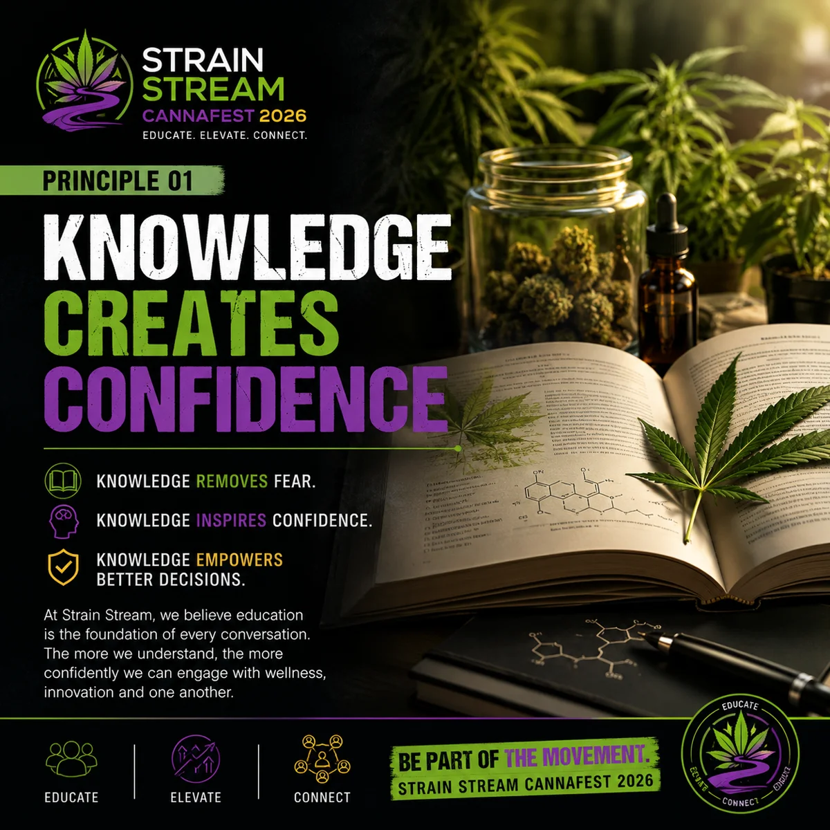 Open educational book beside responsibly presented cannabis materials